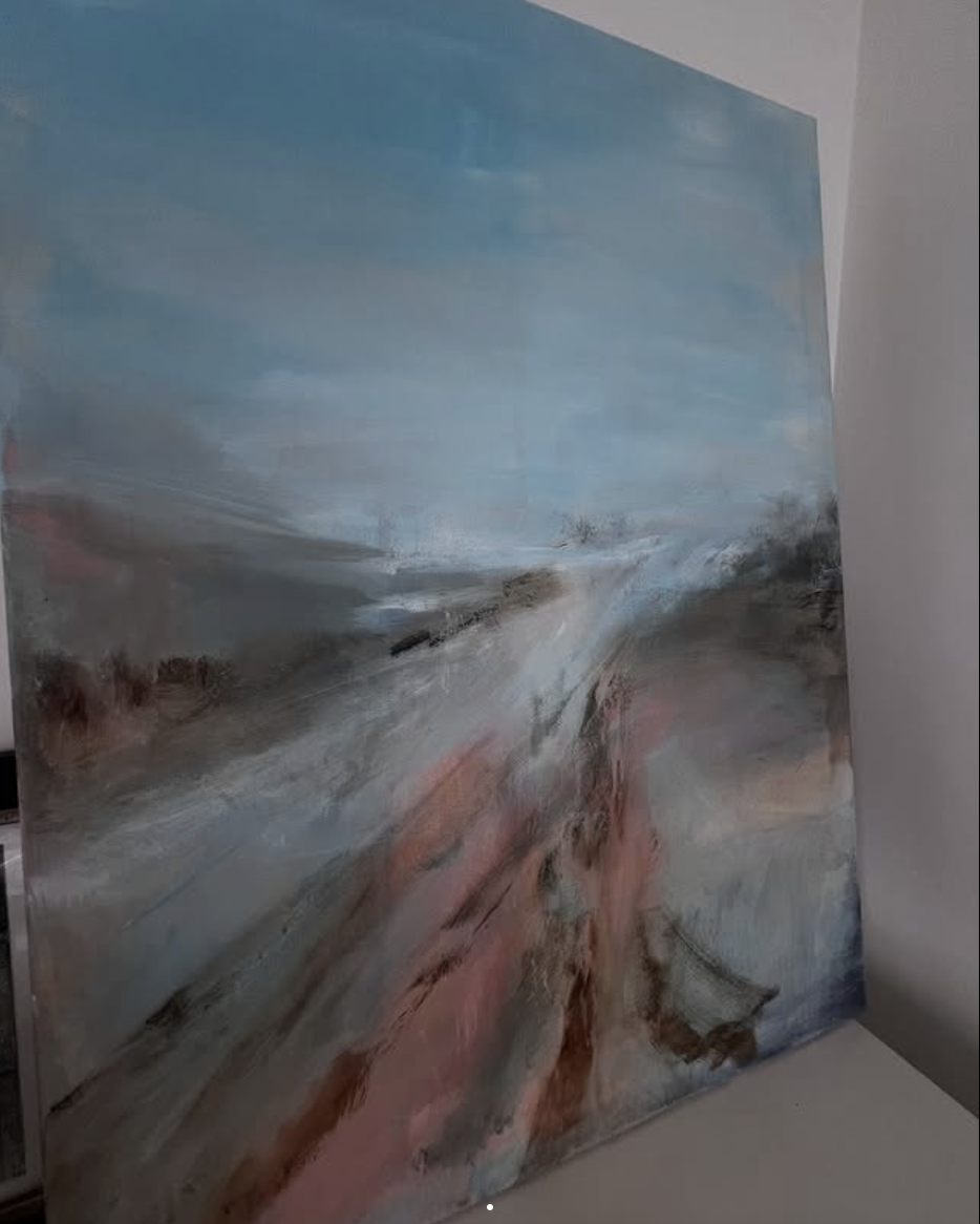 Peinture abstraite d'un chemin dans des tons bleus et roses